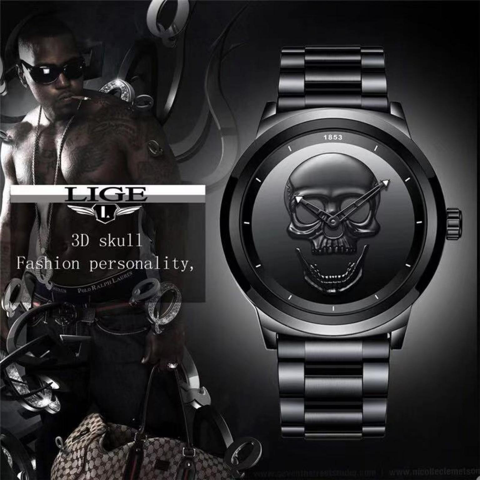 LIGE original Men Watches New Creativity Fashion Top Luxury Brand Watch Men Skull Style Full Steel Quartz Watches 9876