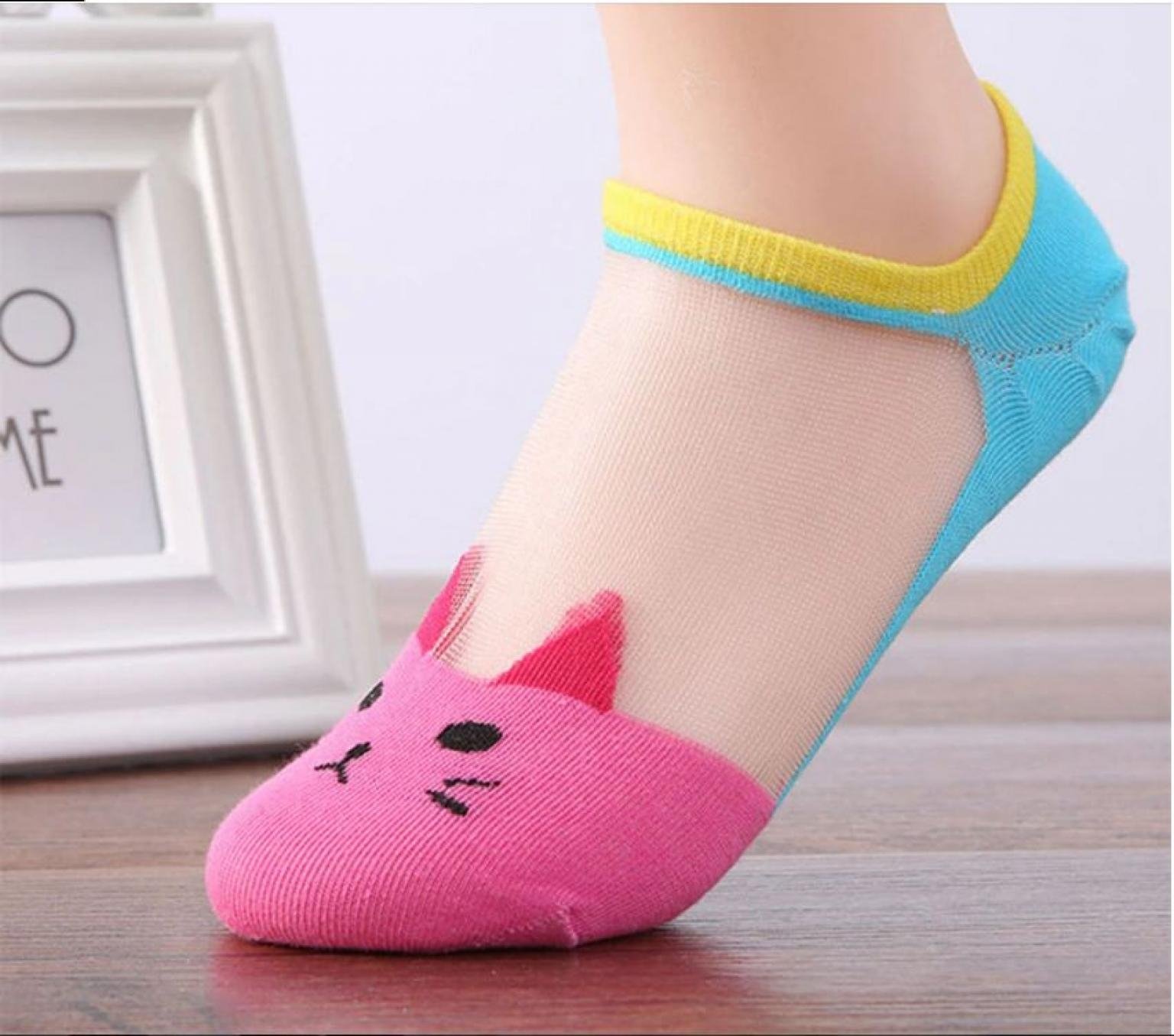 Summer Autumn Women New Cartoon Cute Cat Pattern Socks Crystal Silk Socks Ultrathin Transparent Low Ankle Socks Winter Socks Transparent Socks