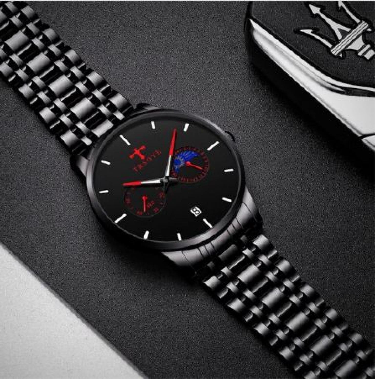 TRSOYE 658 Casual Black Men's Watch 24 Hours Day and Night Moon Phase Waterproof Men Wristwatch 10mm Ultra Thin Alloy Case