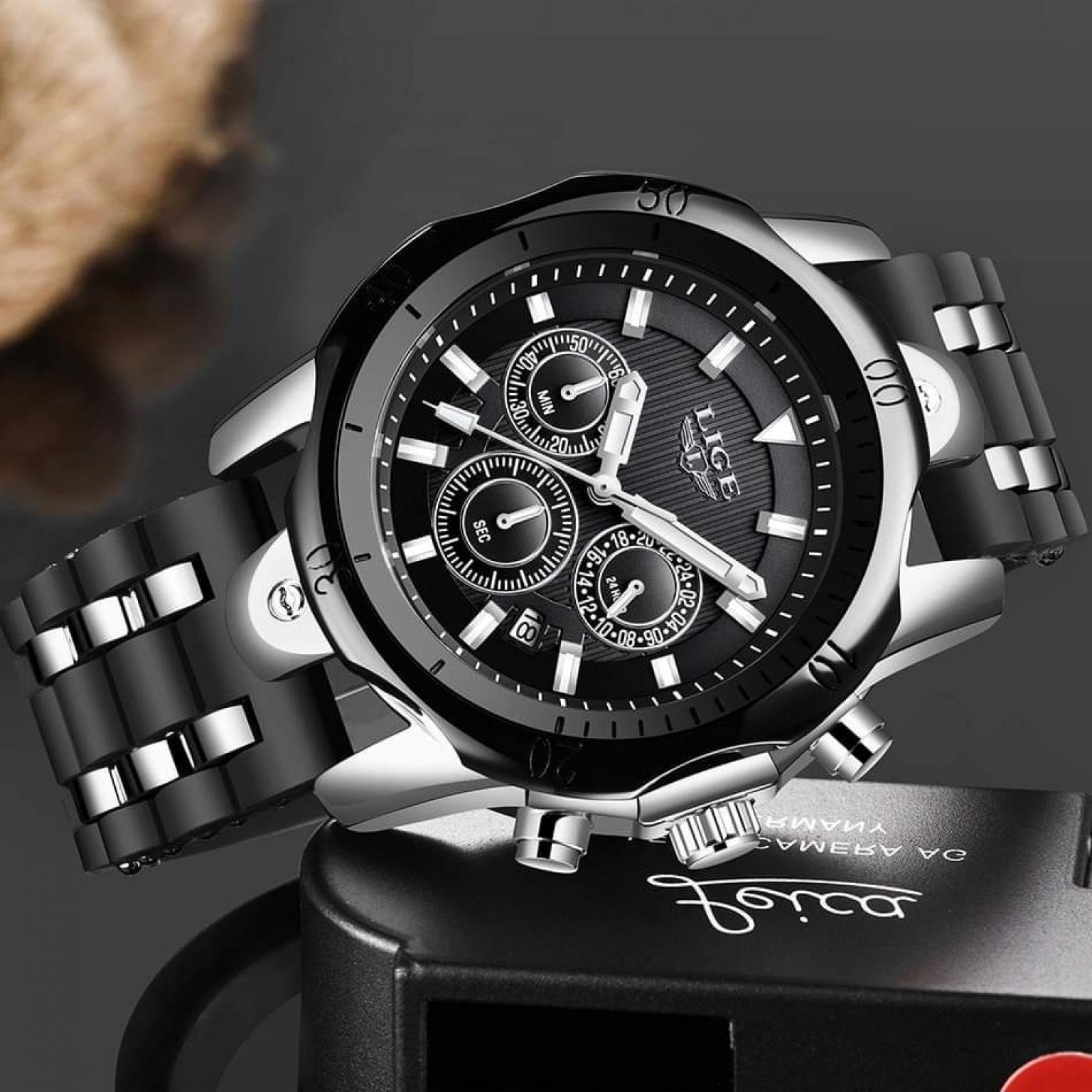 LIGE Sport Watch Men Fashion Brand Luxury Waterproof Military Mens Wristwatch Silicone Silver Quartz Clock LG-9972