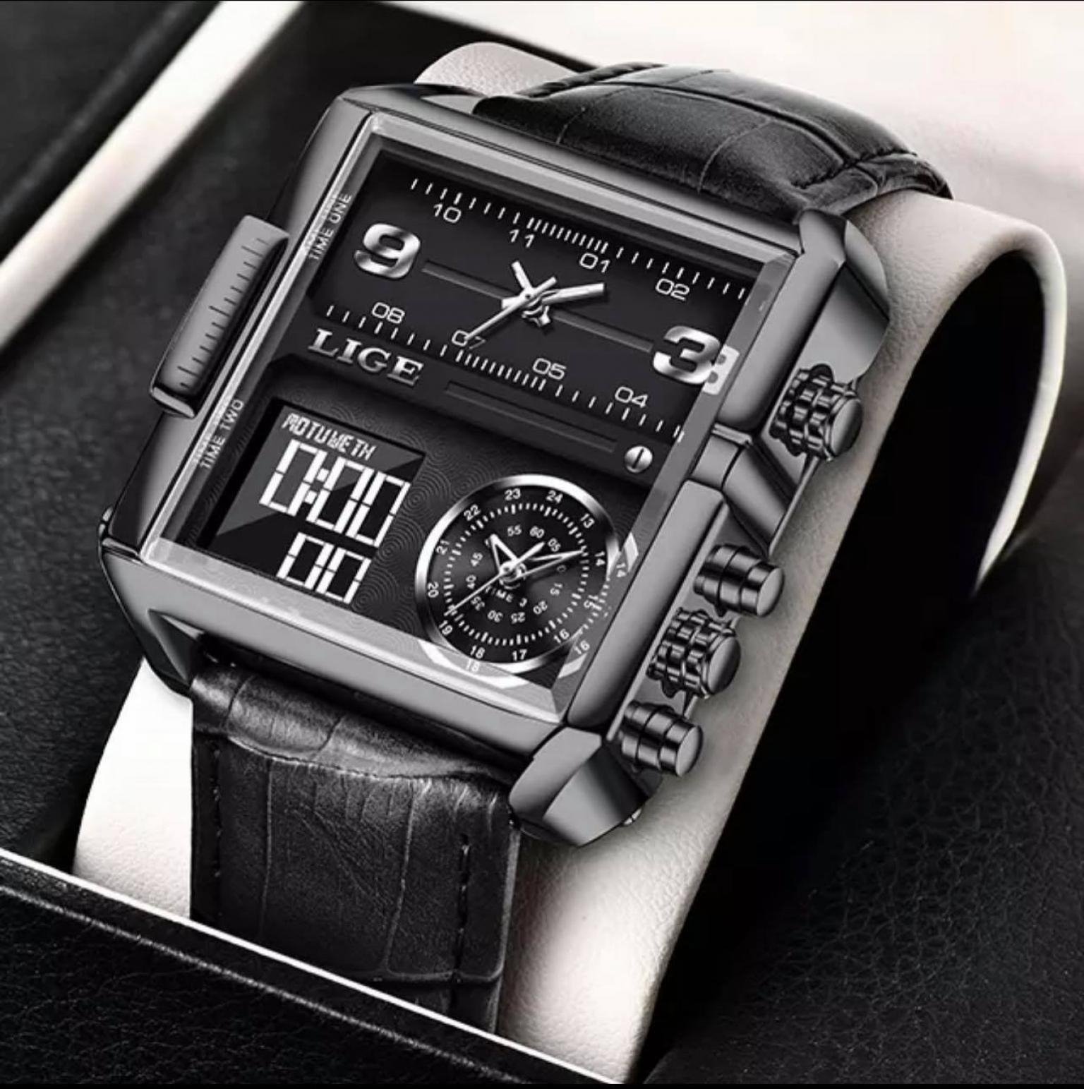 LIGE 2022 Top Brand Luxury Mens Watches Square Digital Sports Quartz Wrist Watch for Men Waterproof Stopwatch 