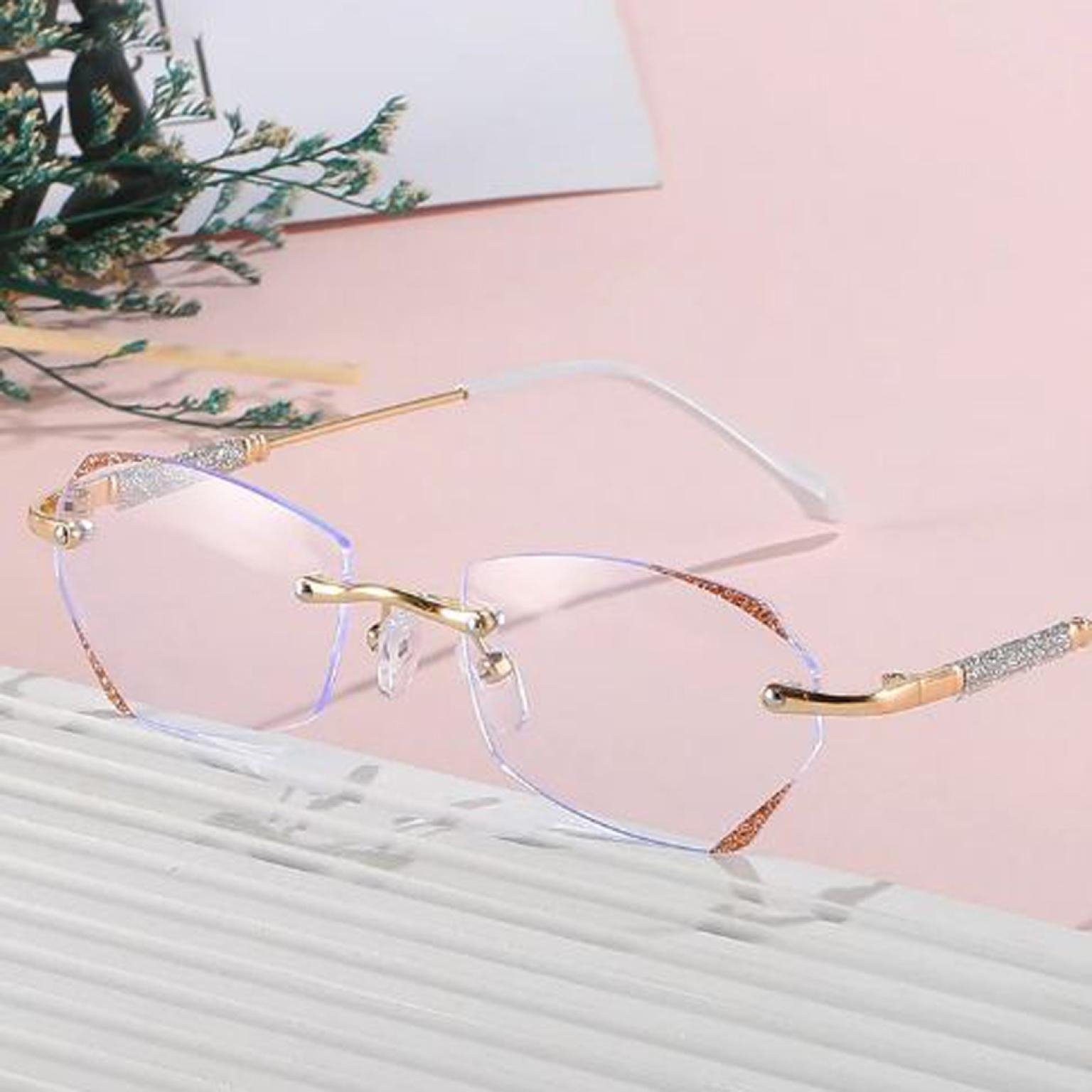 Diamond Cutting Rimless Eyeglasses Frame Anti Blue Light Protection Reading Glasses Women 